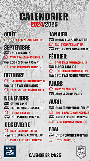 Calendrier stade niçois saison 2024 2025